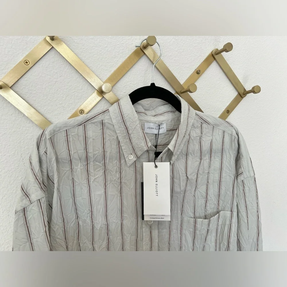 nwt JOHN ELLIOTT Men's Crinkled Tie Shirt in Manhasset Stripe Size Large
